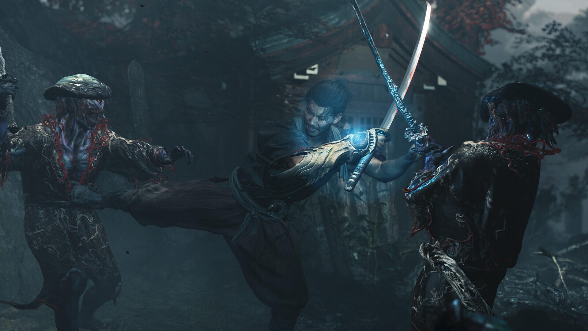 HD PC desktop wallpaper featuring a samurai from the video game Onimusha: Way of the Sword in an intense, dark battle scene.