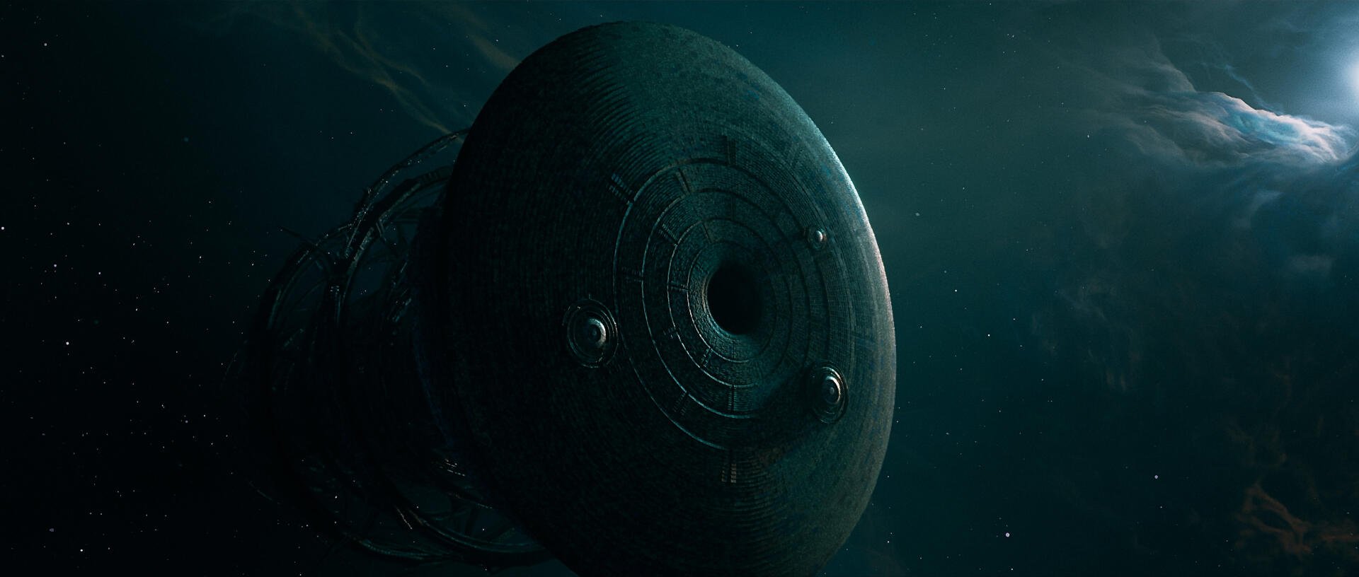 A dark, atmospheric HD wallpaper showcasing a mysterious, spherical structure from the video game Exodus (2024), surrounded by a starry space backdrop.