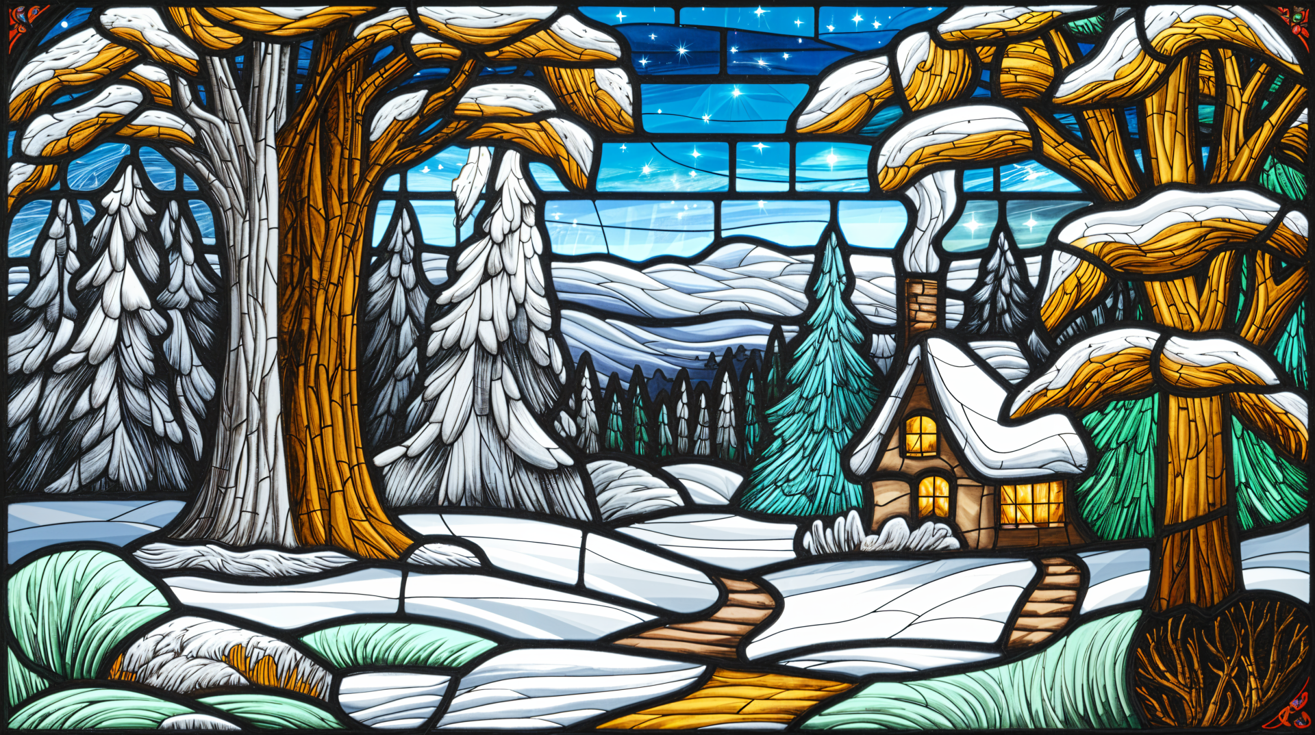 A colorful stained glass scene depicting a winter wonderland with a cozy cabin, snow-covered trees, and a serene landscape under a starry sky, presented as a 4K Ultra HD PC desktop wallpaper.