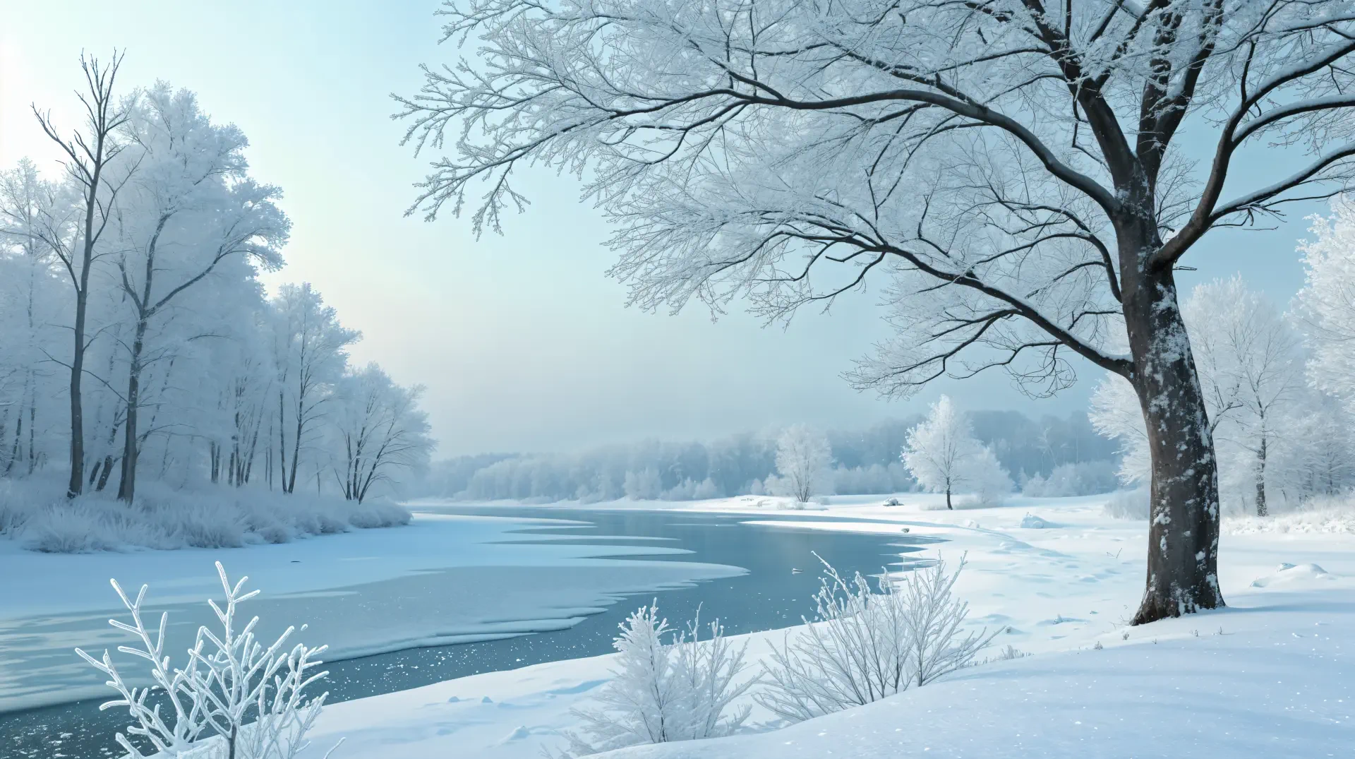 A serene winter wonderland scene featuring snow-covered trees beside a calm, frozen river, showcasing the beauty of nature in a tranquil, snowy landscape. 4K Ultra HD Wallpaper.
