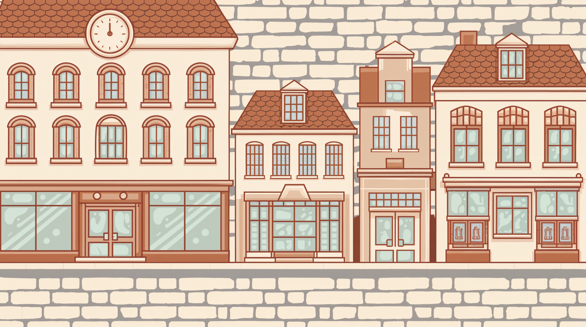 A charming illustration of downtown buildings, featuring various architectural styles and a clock, designed as a 4K Ultra HD PC desktop wallpaper and background.