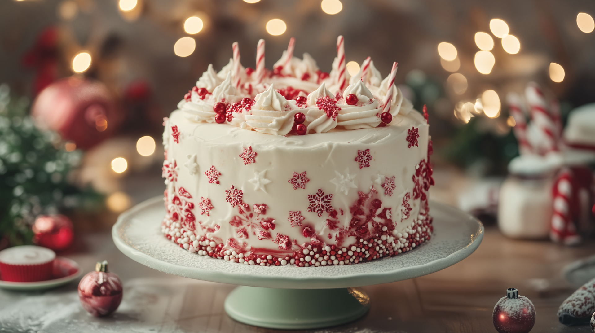 Festive holiday cake decorated with red and white icing, captured in 4K Ultra HD as a vibrant dessert-themed PC desktop wallpaper.