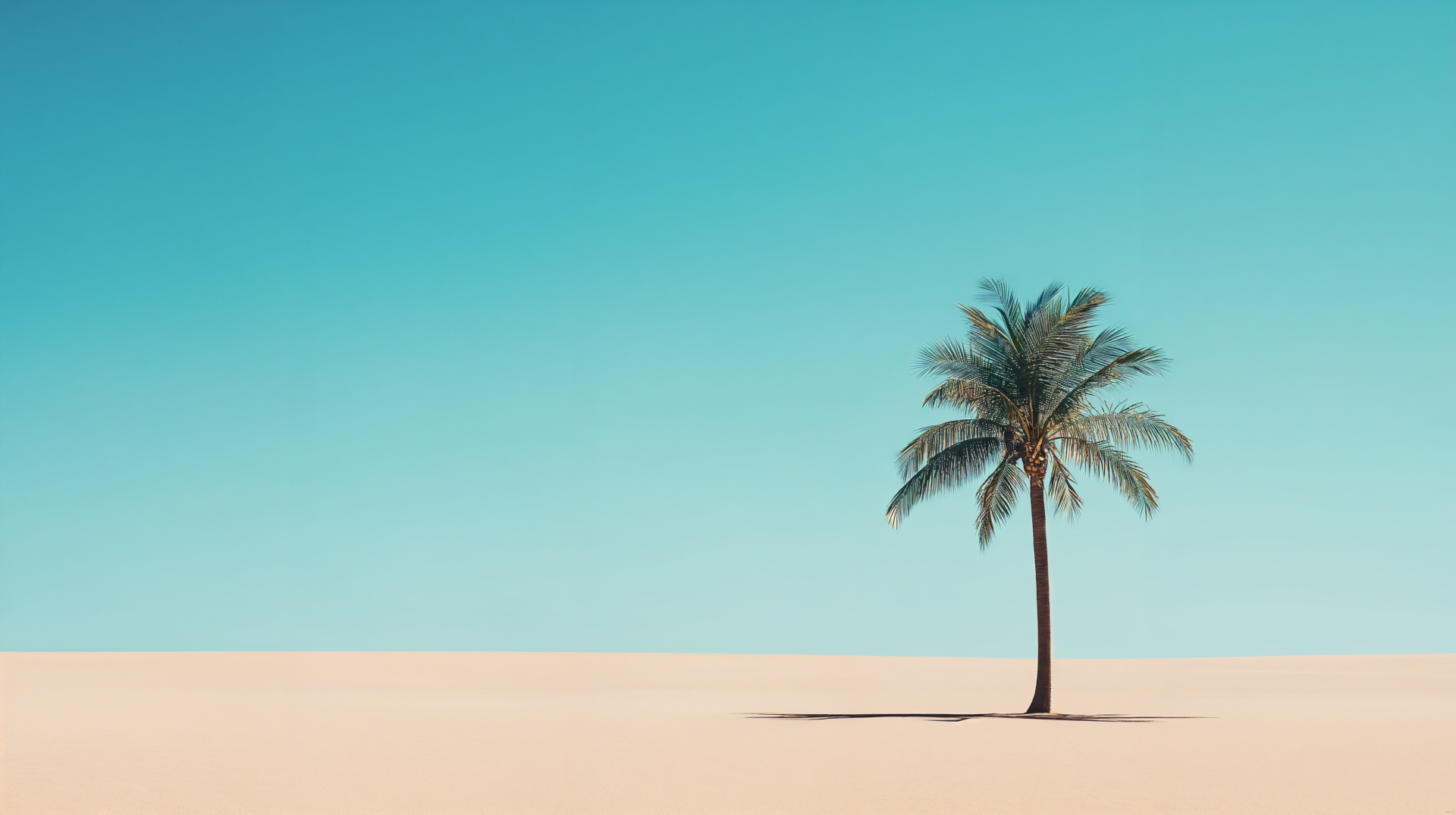 A minimalist holiday scene featuring a single palm tree against a clear blue sky and sandy landscape, presented as a stunning 4K Ultra HD desktop wallpaper and background.