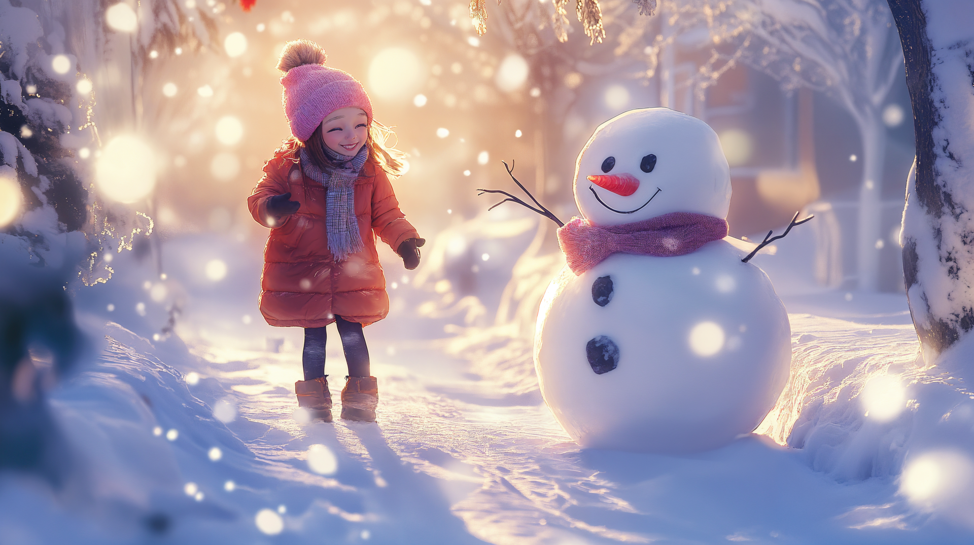 A cheerful child in a pink hat and orange coat interacts with a smiling snowman in a snowy landscape, creating a charming winter scene, captured in 4K Ultra HD for a desktop wallpaper.