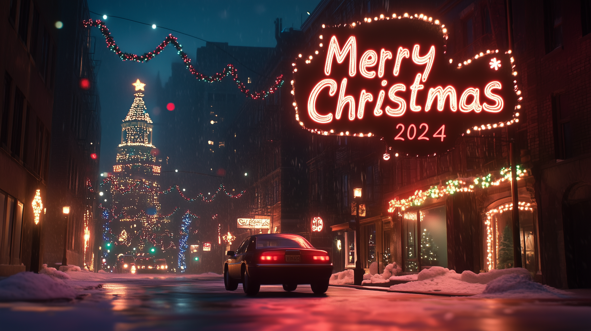 A snowy Christmas town scene illuminated by festive lights, featuring a vibrant Merry Christmas 2024 sign and a car driving through the enchanting holiday atmosphere.