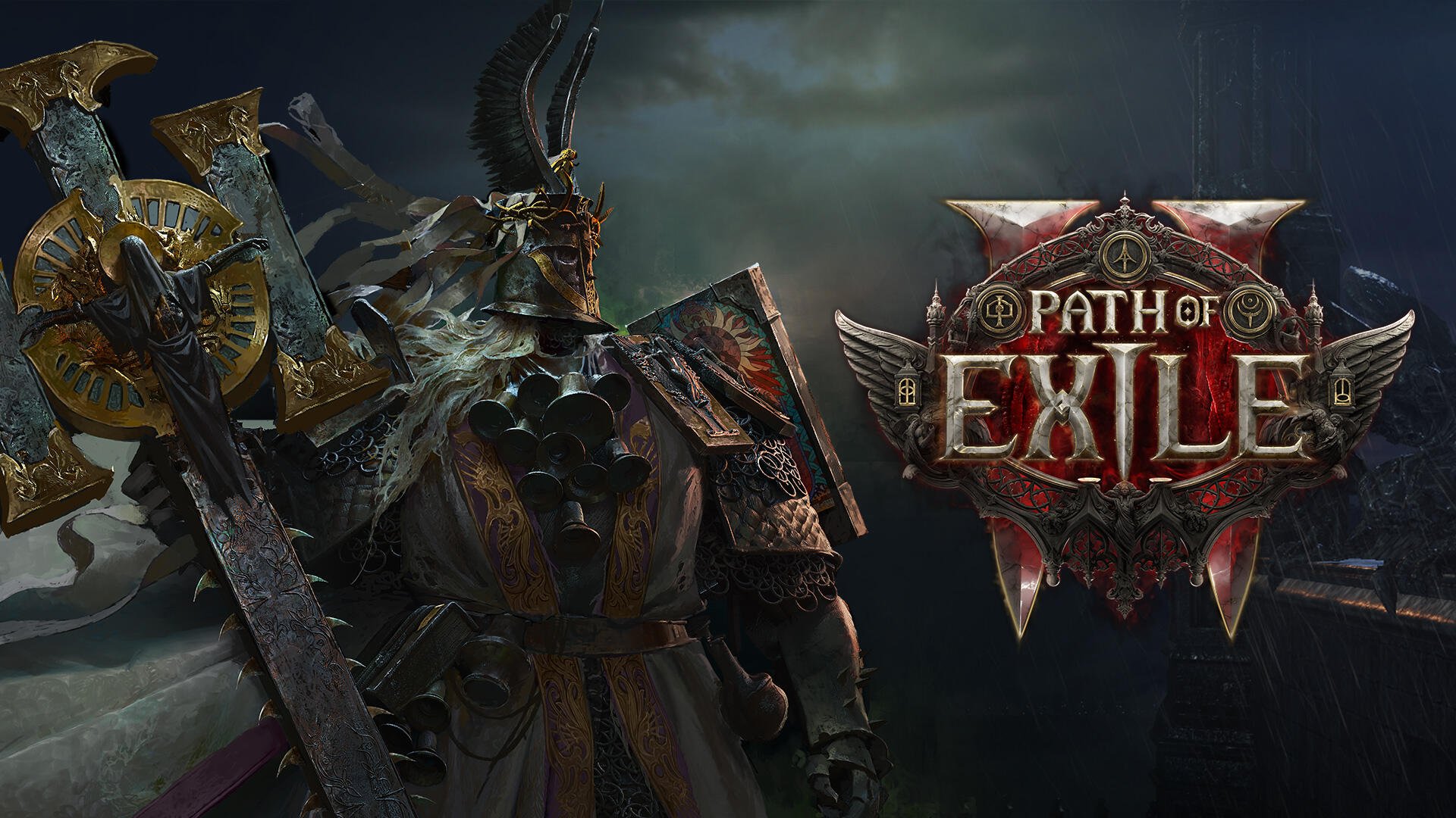 HD PC desktop wallpaper featuring dark, armored warrior and the Path of Exile 2 logo from the video game.