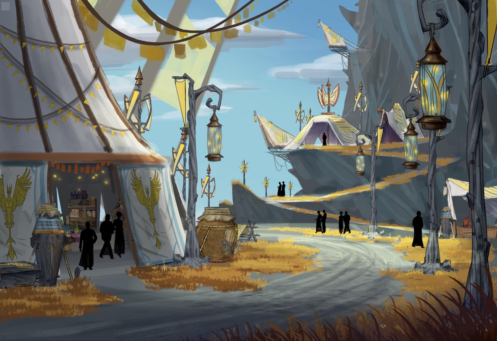 A vibrant HD wallpaper from the video game Pantheon: Rise of the Fallen, featuring a detailed fantasy landscape with tents, lanterns, and figures along a winding path.