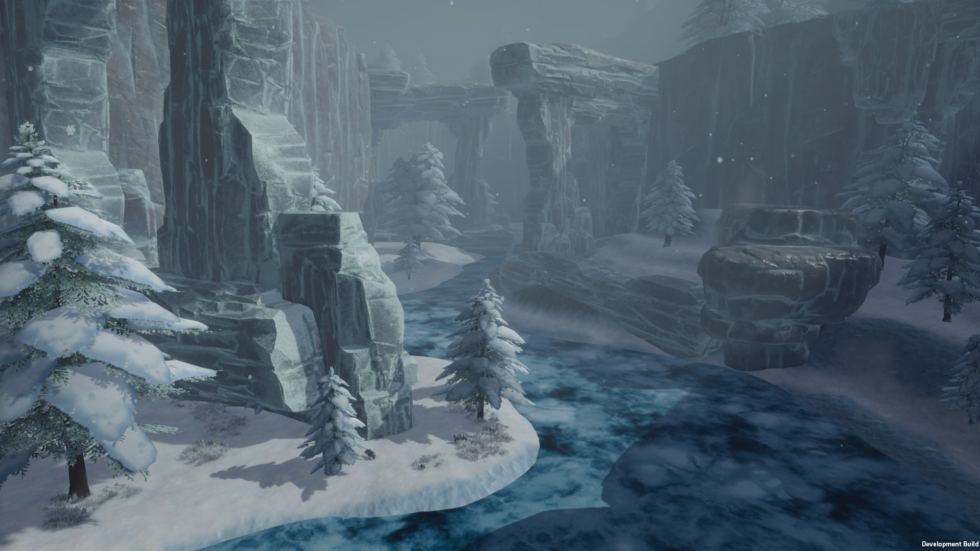 A serene winter landscape from the video game Pantheon: Rise of the Fallen, featuring snow-covered trees, rugged cliffs, and a flowing river, set against a misty backdrop.