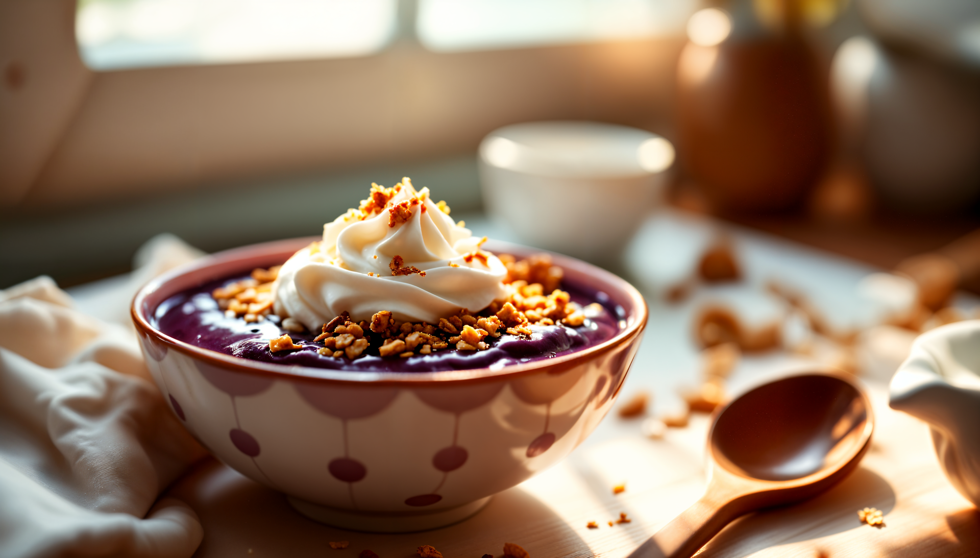 A 4K Ultra HD image of an acai bowl topped with yogurt and granola served as breakfast or dessert on a cozy table setting.