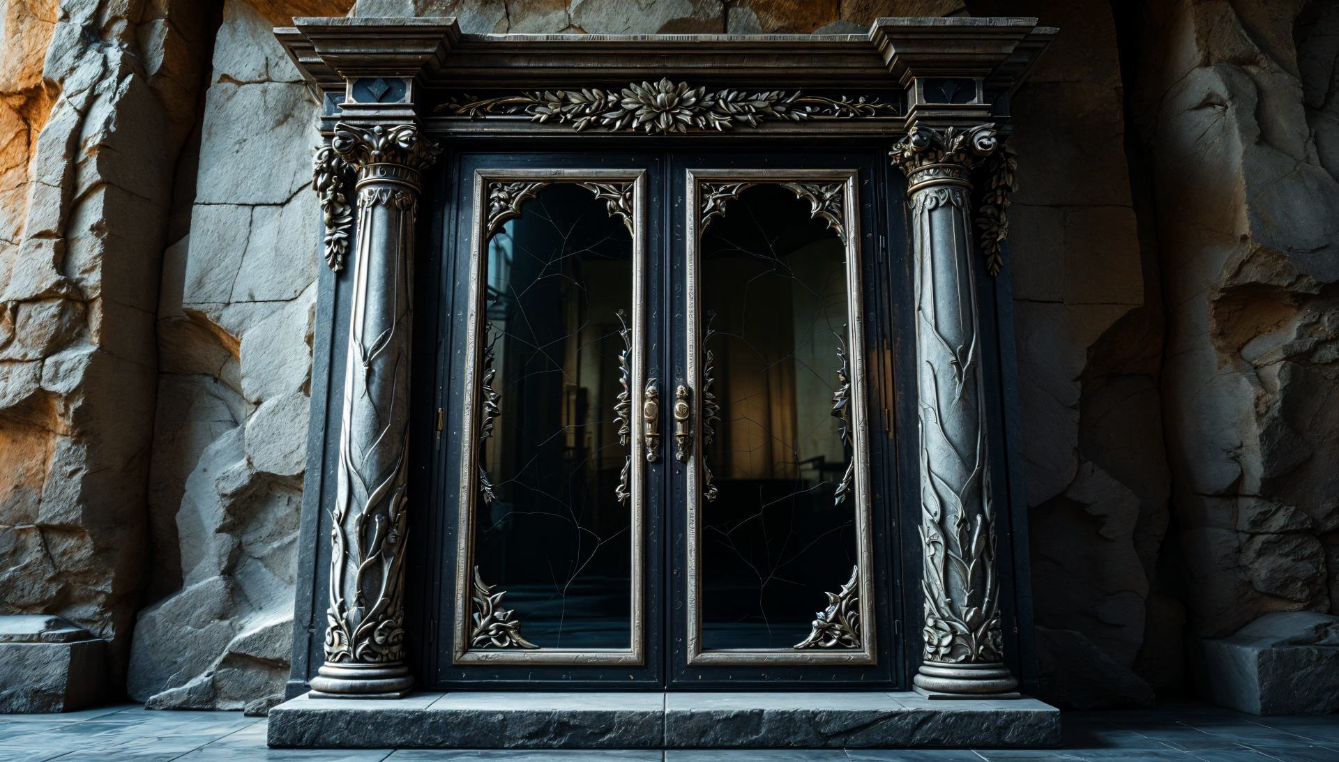 A beautifully ornate wardrobe with detailed carvings and mirrored doors, set against a textured stone backdrop, captured in stunning 4K Ultra HD resolution.