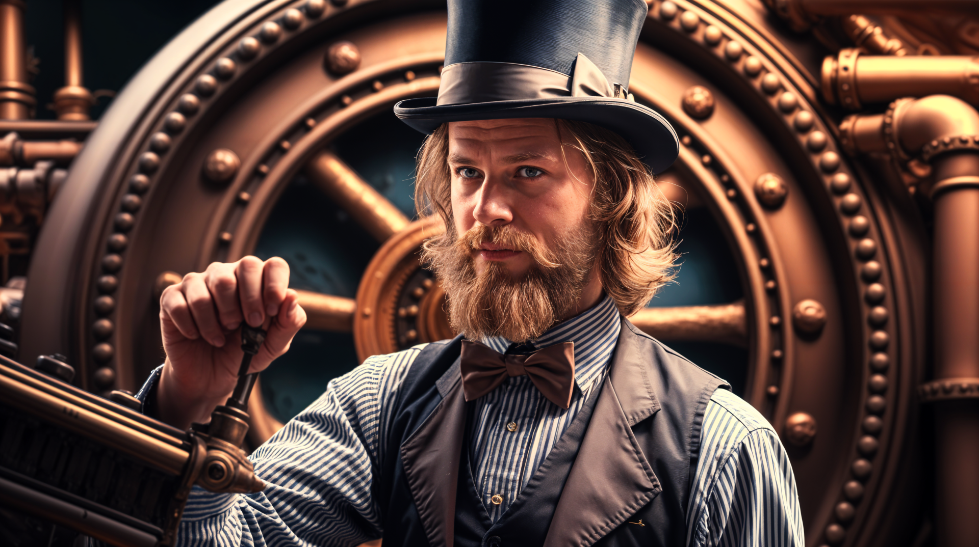 A steampunk-inspired portrait of a man with a top hat and bow tie, standing in front of a large, intricate gear mechanism, creating a visually captivating 4K Ultra HD background.