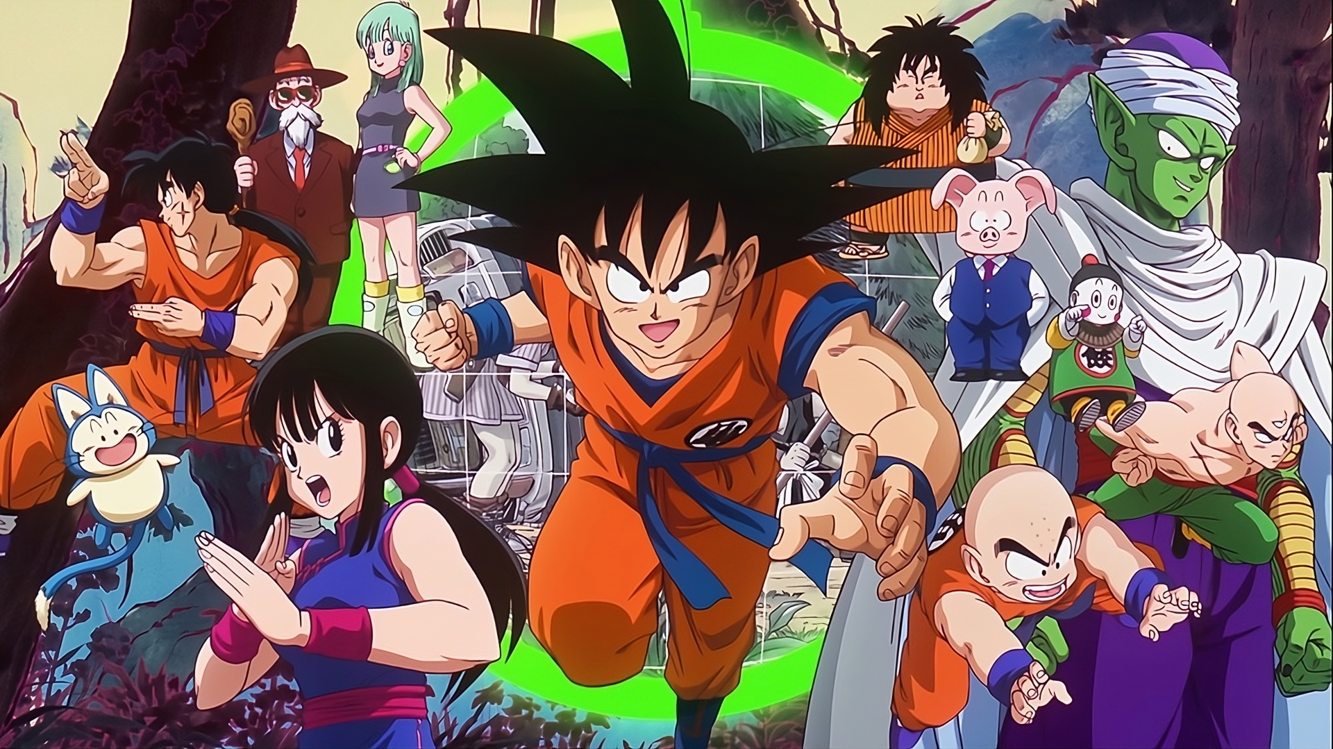 4K Ultra HD Dragon Ball Z and Dragon Ball DAIMA anime wallpaper featuring Goku, Piccolo, and other iconic characters in dynamic action poses.