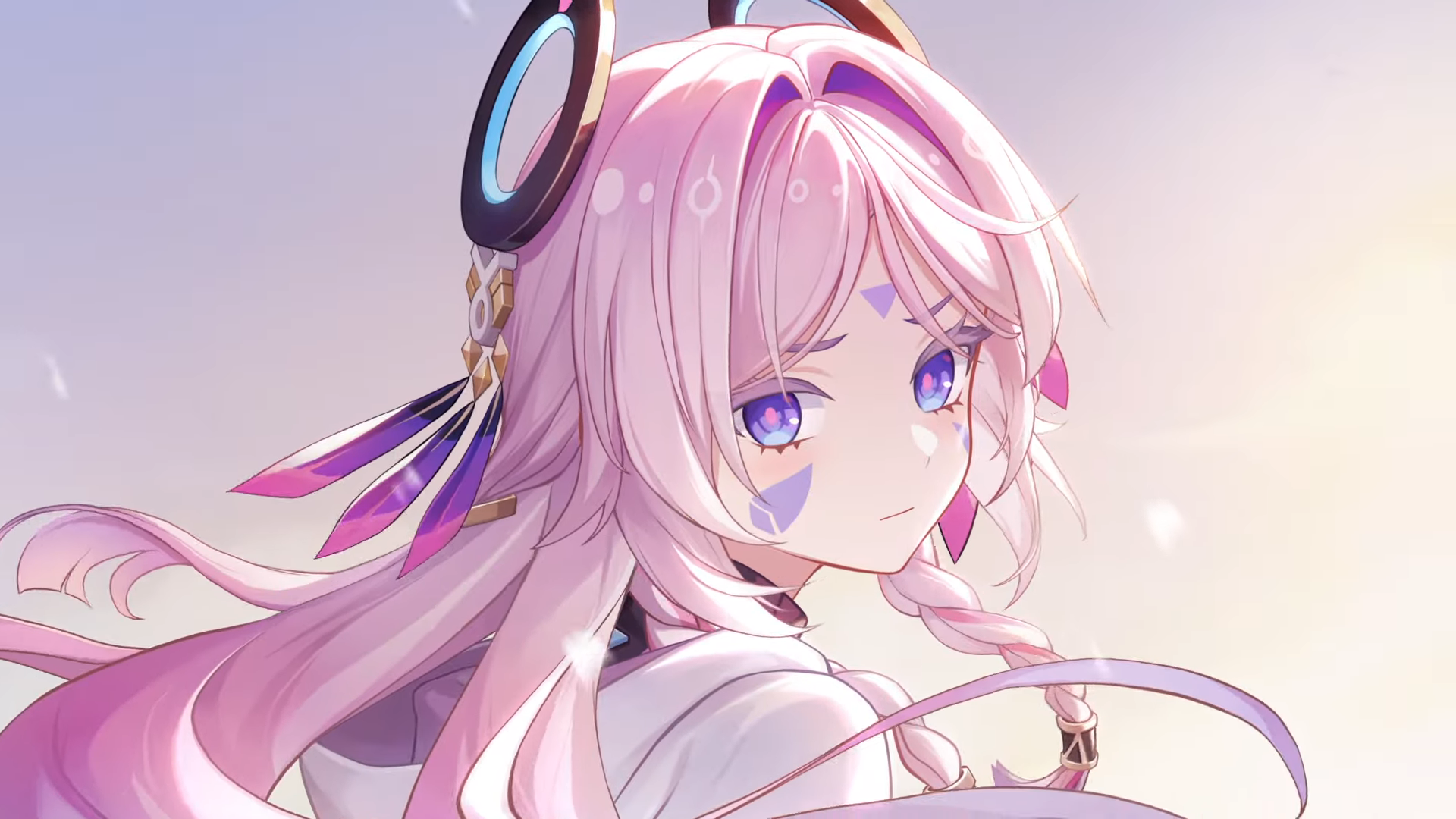 HD PC desktop wallpaper featuring Citlali, a girl character from the video game Genshin Impact, with pastel pink hair and vibrant purple eyes against a soft background.