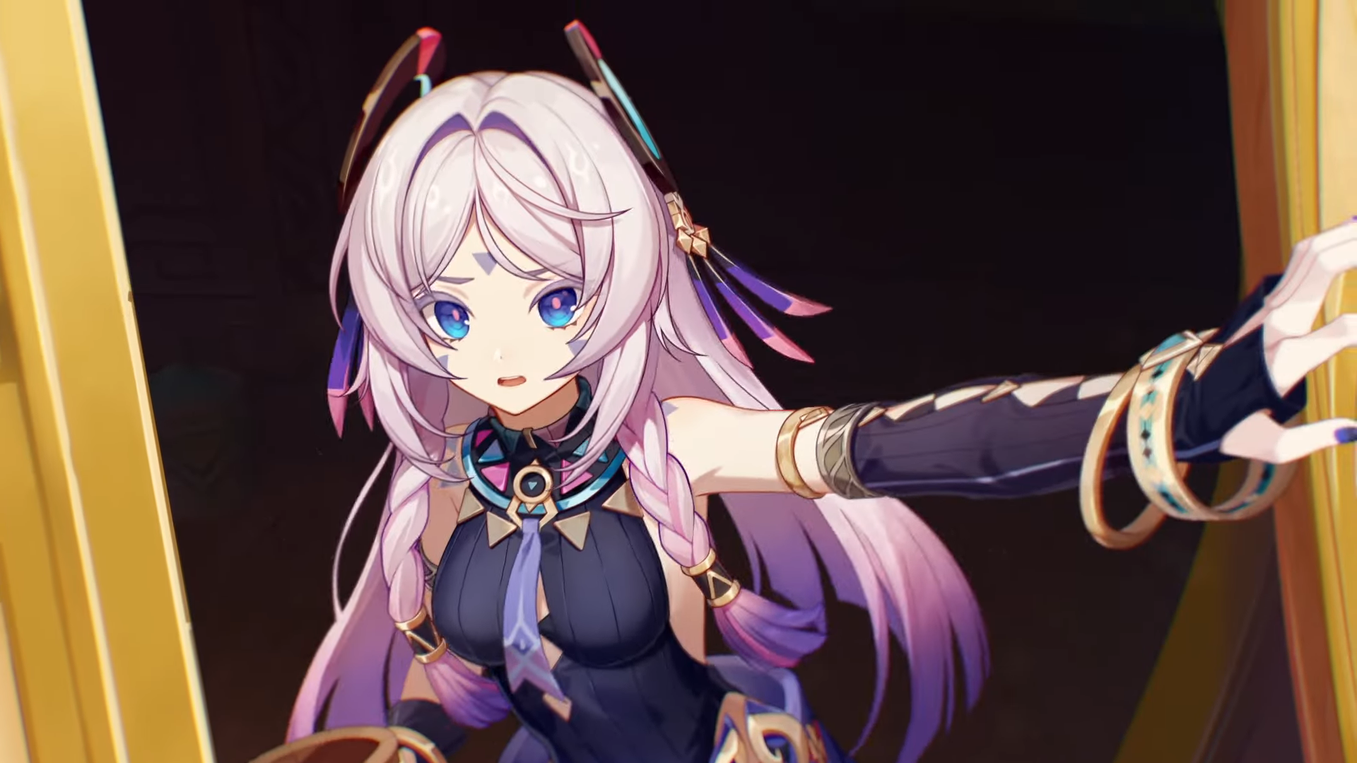 HD PC desktop wallpaper of Citlali from Genshin Impact, a video game girl with long white-pink hair, blue eyes and an ornate dark outfit reaching outward against a shadowed backdrop.