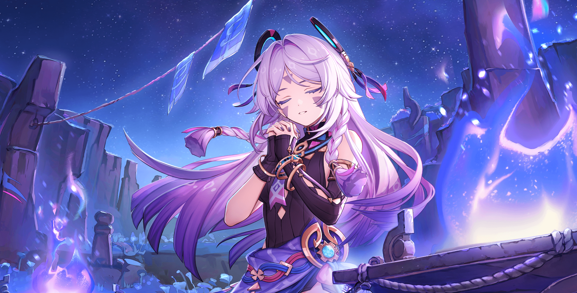 HD PC desktop wallpaper featuring Citlali from Genshin Impact, a girl with long purple hair, set against a mystical, glowing night sky backdrop.