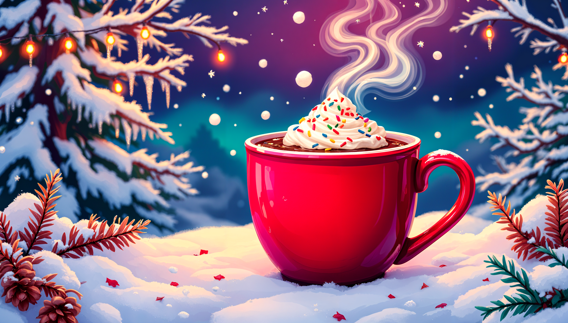 A vibrant red mug of hot cocoa topped with whipped cream and sprinkles sits in a snowy scene, with softly falling snow and glowing lights in the background, creating a cozy winter atmosphere.
