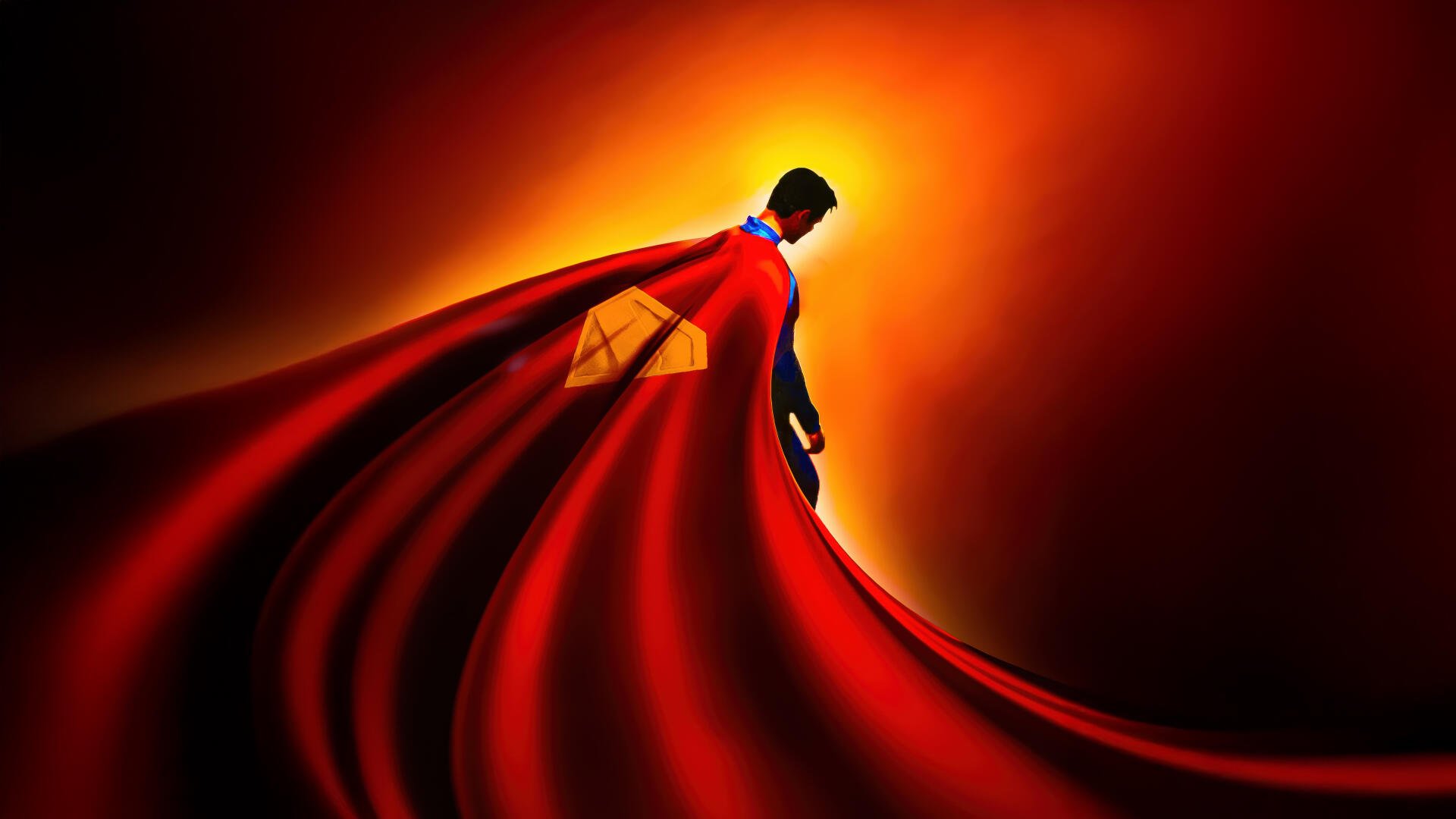 A vibrant 4K Ultra HD wallpaper featuring Superman from the 2025 movie, showcasing the iconic hero in silhouette with his flowing red cape against a dramatic background.