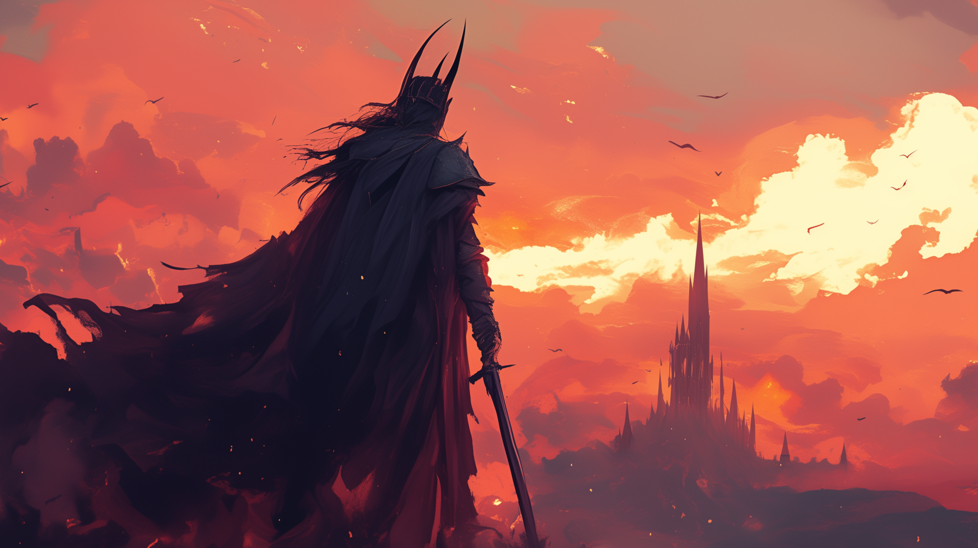 A dramatic HD wallpaper of Sauron from The Lord of the Rings, depicting him poised against a vibrant sunset, with a dark silhouette and an ominous castle in the background.