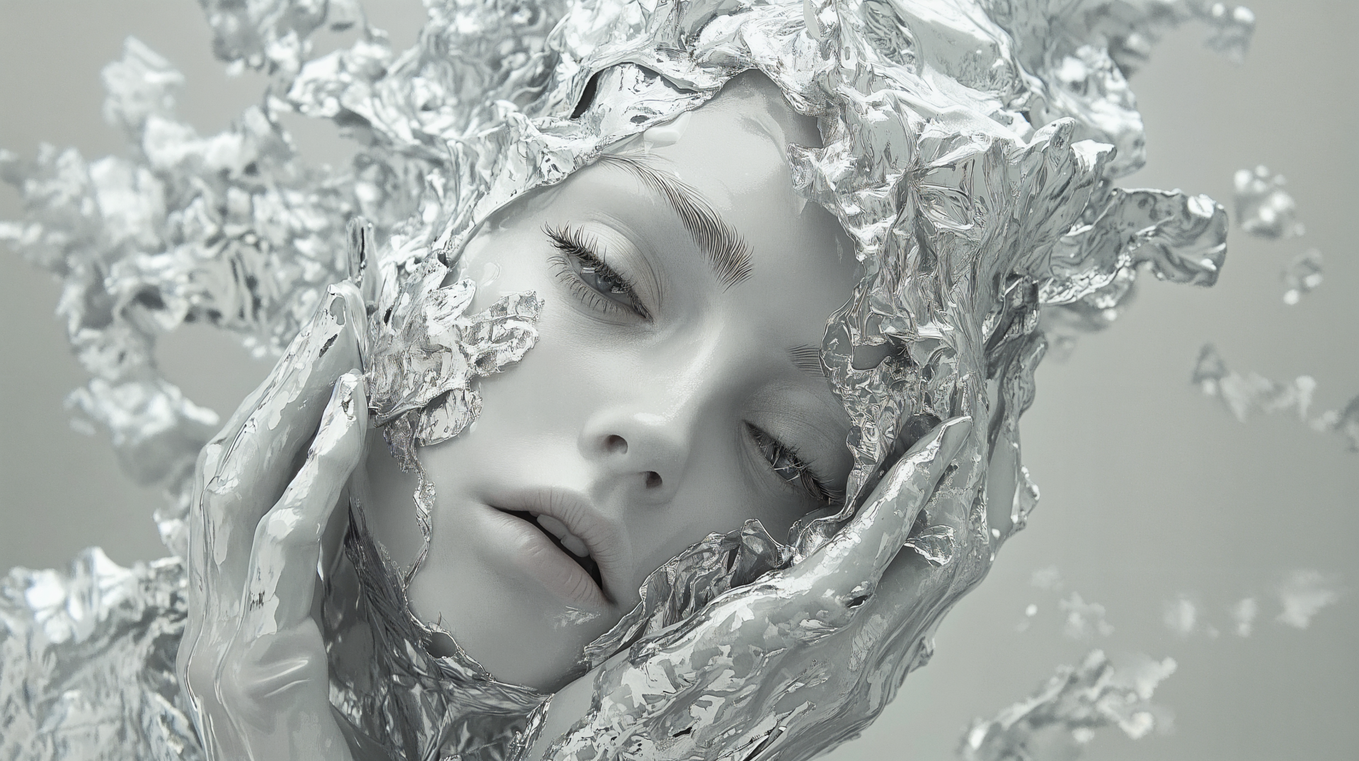 A serene close-up of a woman surrounded by flowing silver elements, capturing a captivating blend of beauty and artistry in this 4K Ultra HD desktop wallpaper.