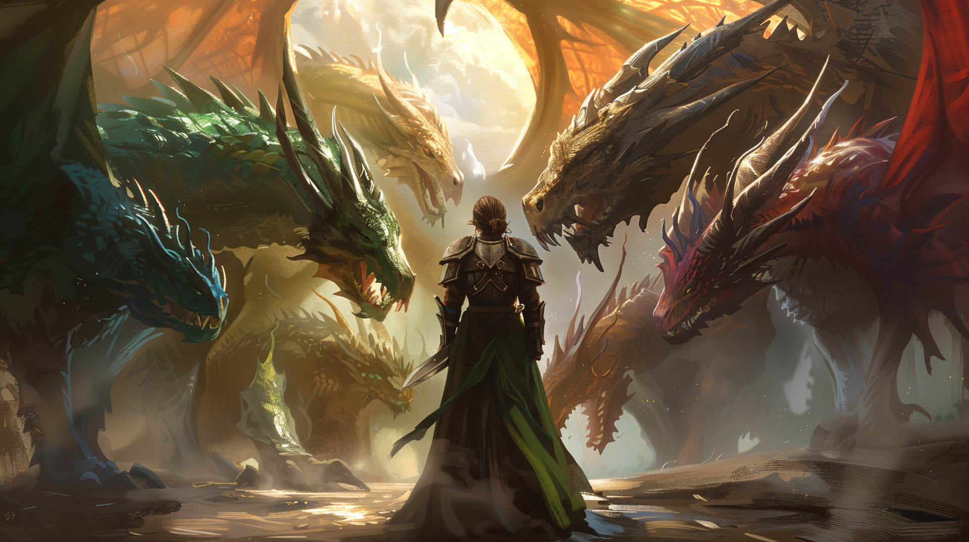 A paladin stands confidently before a circle of majestic dragons, embodying a fantasy realm in this stunning 4K Ultra HD desktop wallpaper.