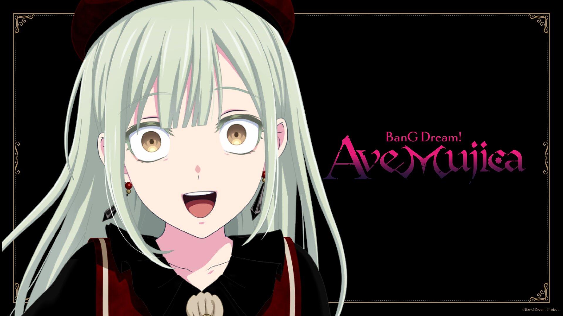 A vibrant HD desktop wallpaper featuring Ave Mujica from BanG Dream!, showcasing a cheerful character with light green hair and bright eyes against a dark background.