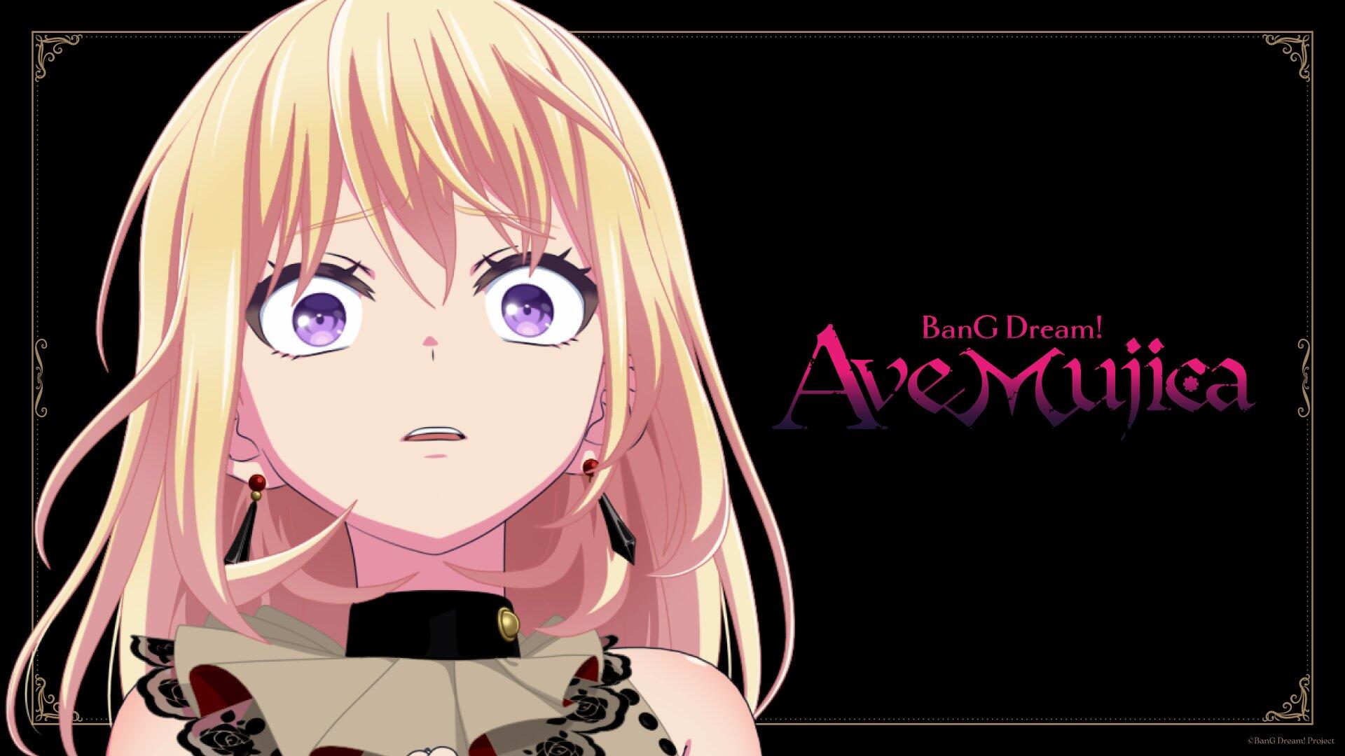 Anime-themed HD wallpaper featuring a character from BanG Dream! Ave Mujica, with striking blonde hair and violet eyes, set against a dark background.