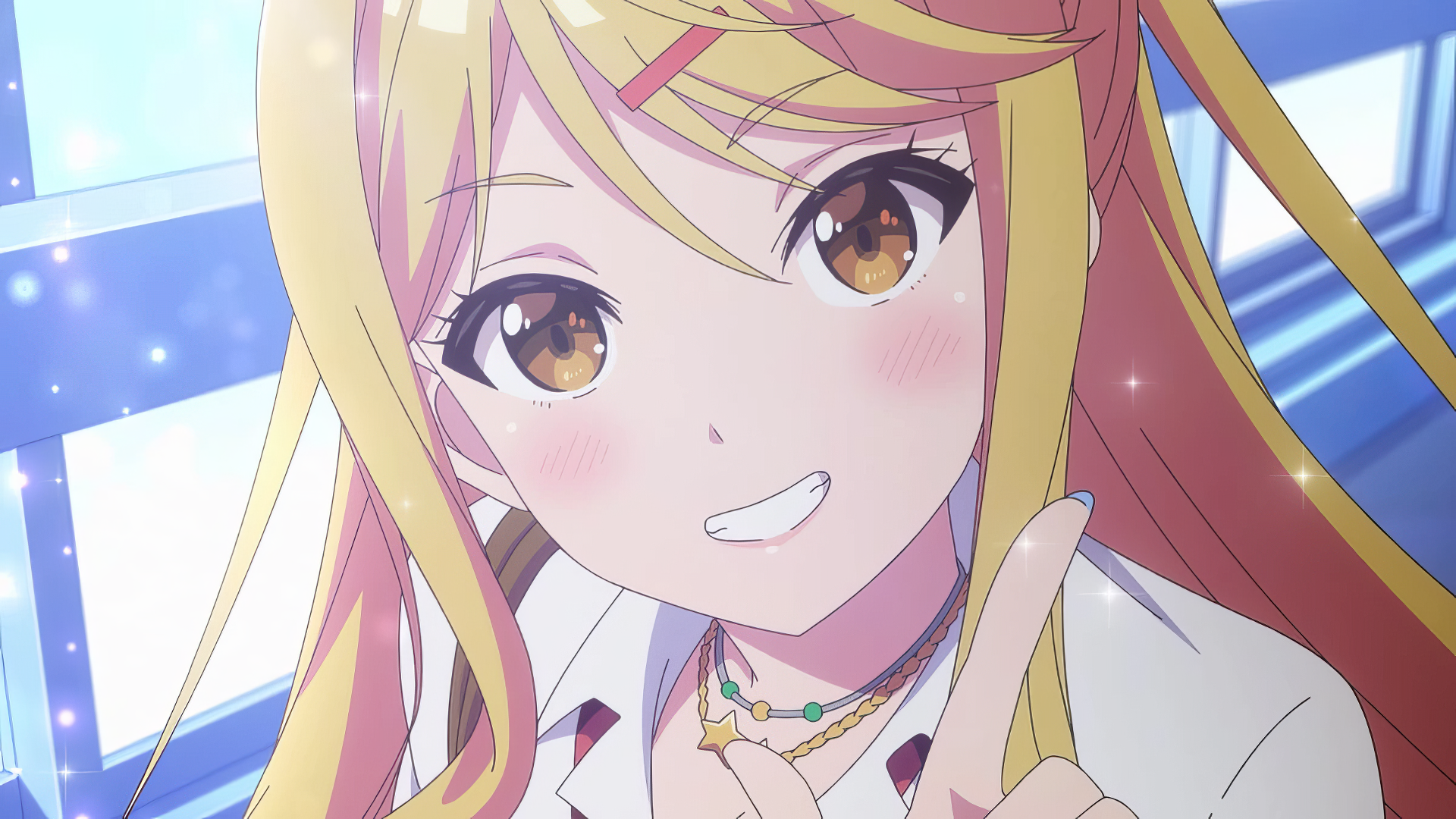 Anime-inspired HD wallpaper featuring a smiling girl with long blonde hair, from I'm Getting Married to a Girl I Hate in My Class, radiating cheerful energy.