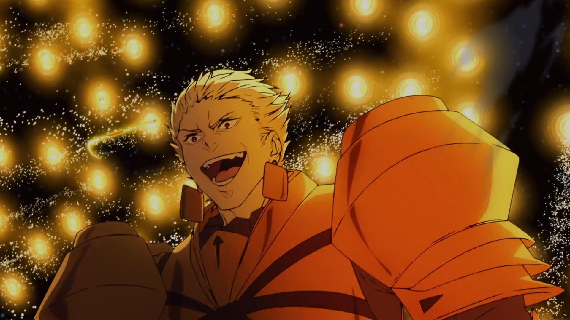 An HD wallpaper featuring Gilgamesh from Fate/strange fake, showcasing the character with an expressive smile against a backdrop of glowing lights.