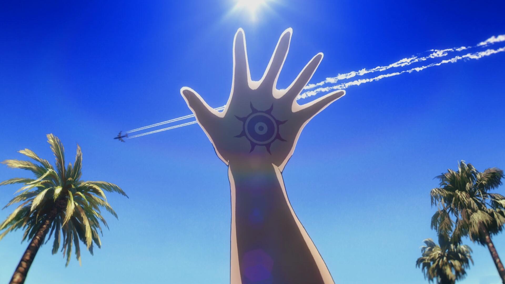 A vibrant scene from the anime Fate/strange fake, featuring a hand reaching towards a bright sun in a clear blue sky, complemented by palm trees and a plane's contrail overhead.
