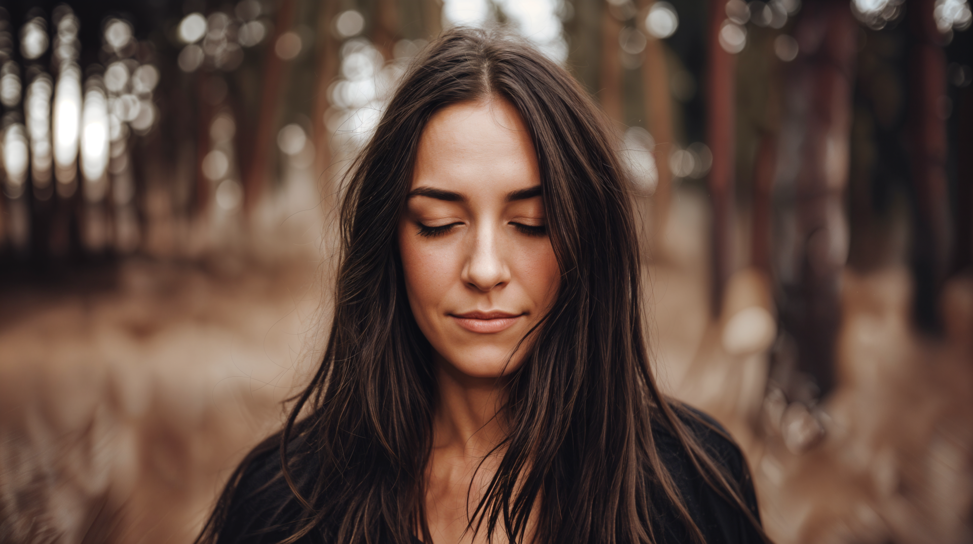 Portrait of a serene woman with closed eyes in a natural forest setting, captured in 4K Ultra HD for a peaceful PC desktop wallpaper.