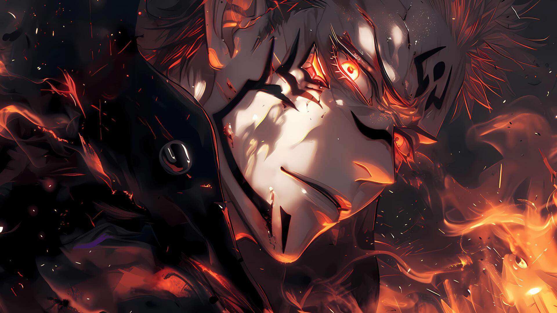 4K Ultra HD PC desktop wallpaper featuring Sukuna from Jujutsu Kaisen with fiery eyes and dark markings amid flames and shadows.
