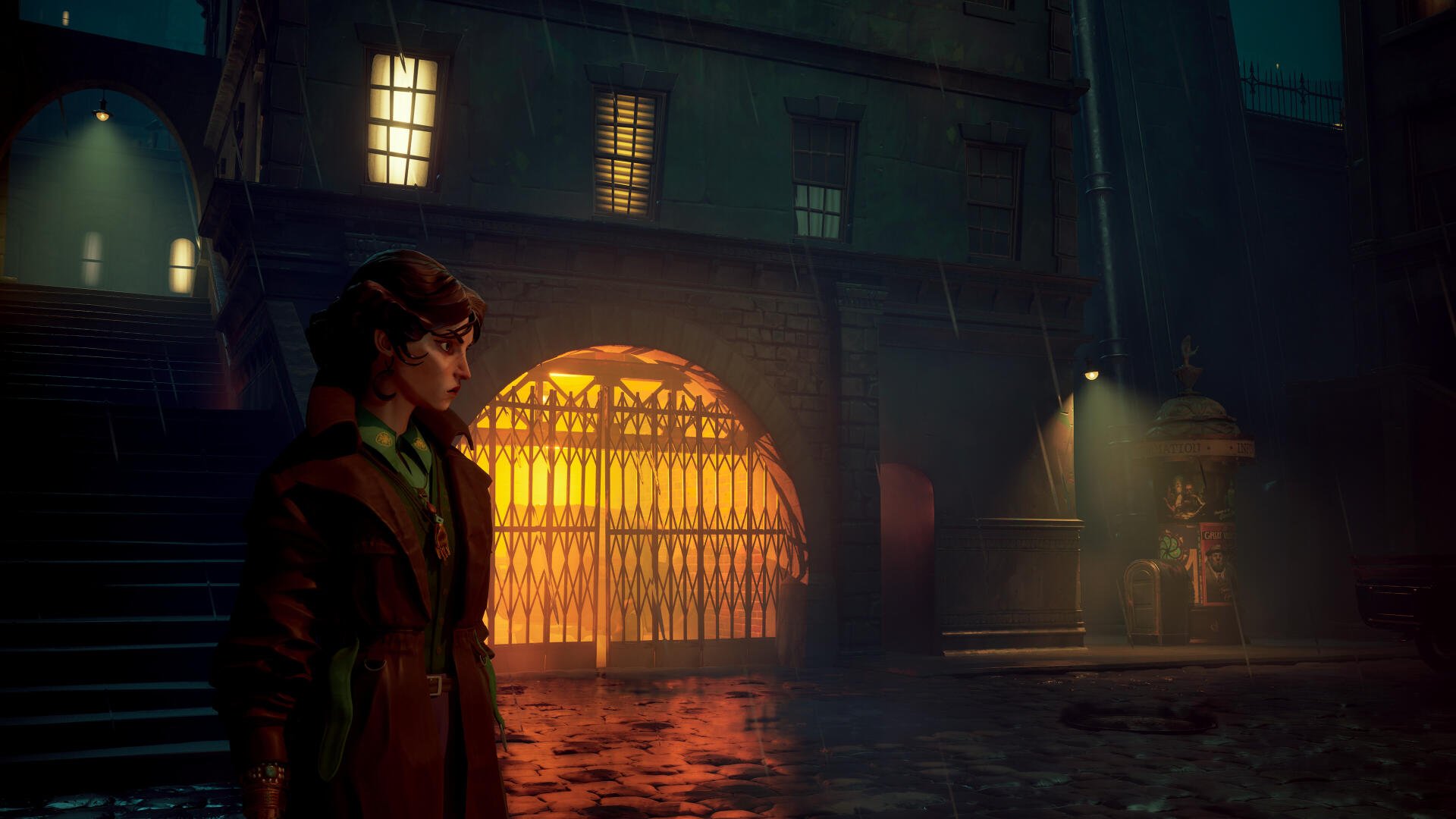A captivating 4K Ultra HD wallpaper from the video game Sleight of Hand, featuring a character in a coat standing under dim streetlights with a glowing entrance in the background.