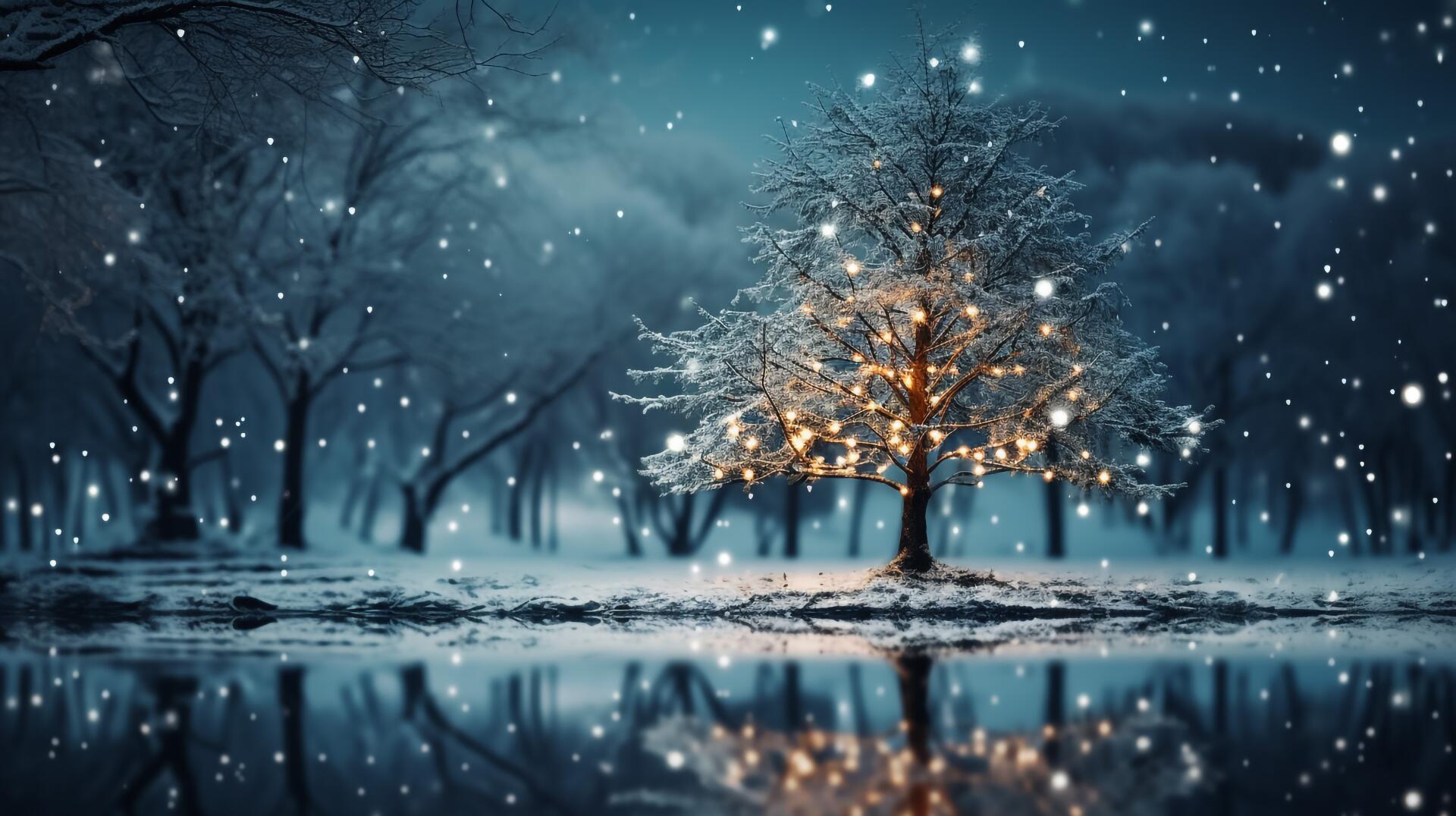 A snow-covered tree adorned with warm Christmas lights stands by a reflective frozen pond, creating a serene New Year 4K Ultra HD desktop wallpaper scene.