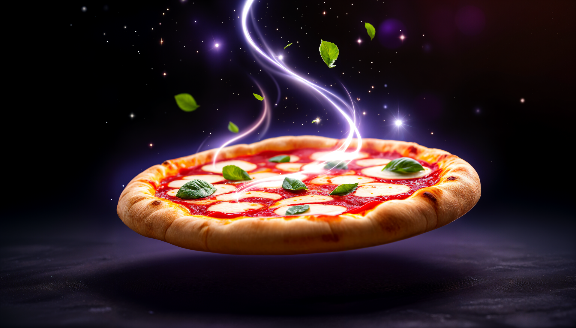 A vibrant margherita pizza, topped with fresh basil leaves, floats against a dark, magical background, showcasing its delicious toppings in stunning 4K Ultra HD resolution.