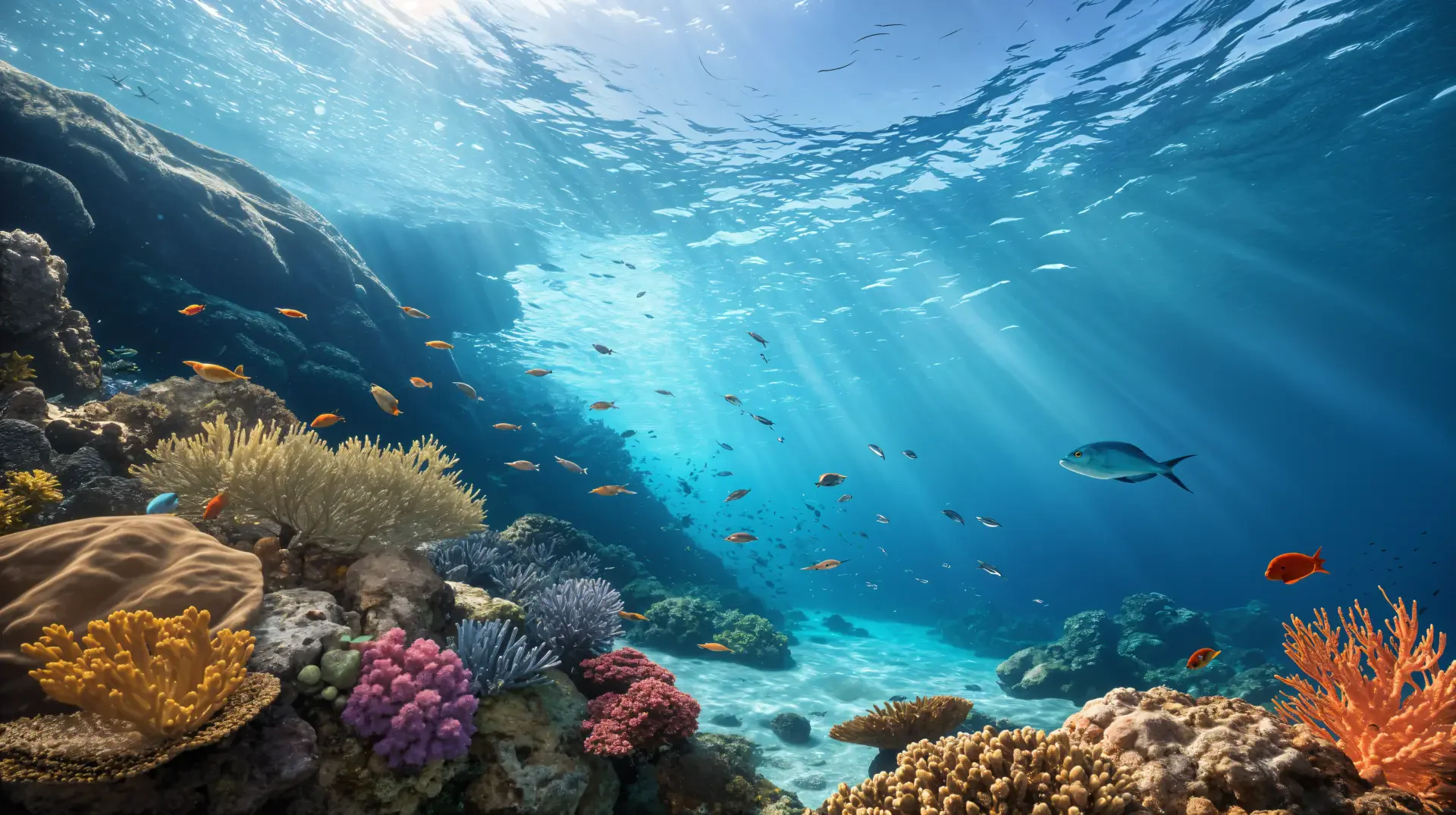 A vibrant underwater scene features colorful corals and diverse fish, illuminated by sunlight filtering through the water, captured in stunning 4K Ultra HD.