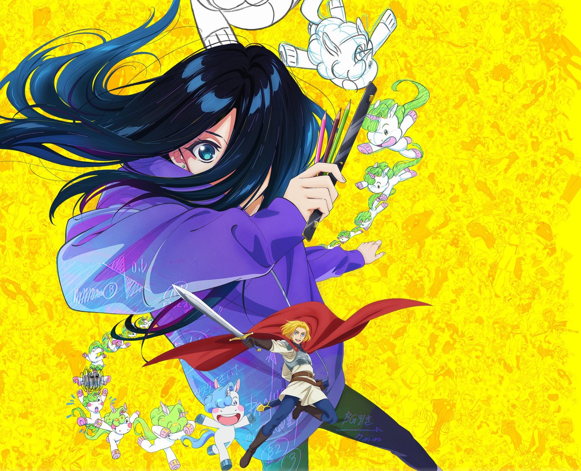 Anime HD PC wallpaper featuring vibrant characters by Natsuko Hirose and Luke Braveheart from Unio (Zenshu) against a bright yellow background.