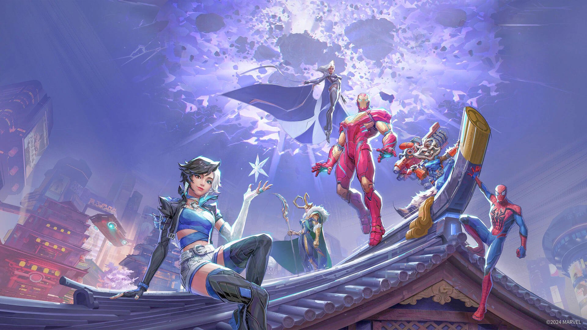 4K Ultra HD Marvel Rivals wallpaper featuring multiple iconic Marvel heroes poised on a rooftop under a dynamic, cosmic sky—vibrant and detailed PC desktop background.