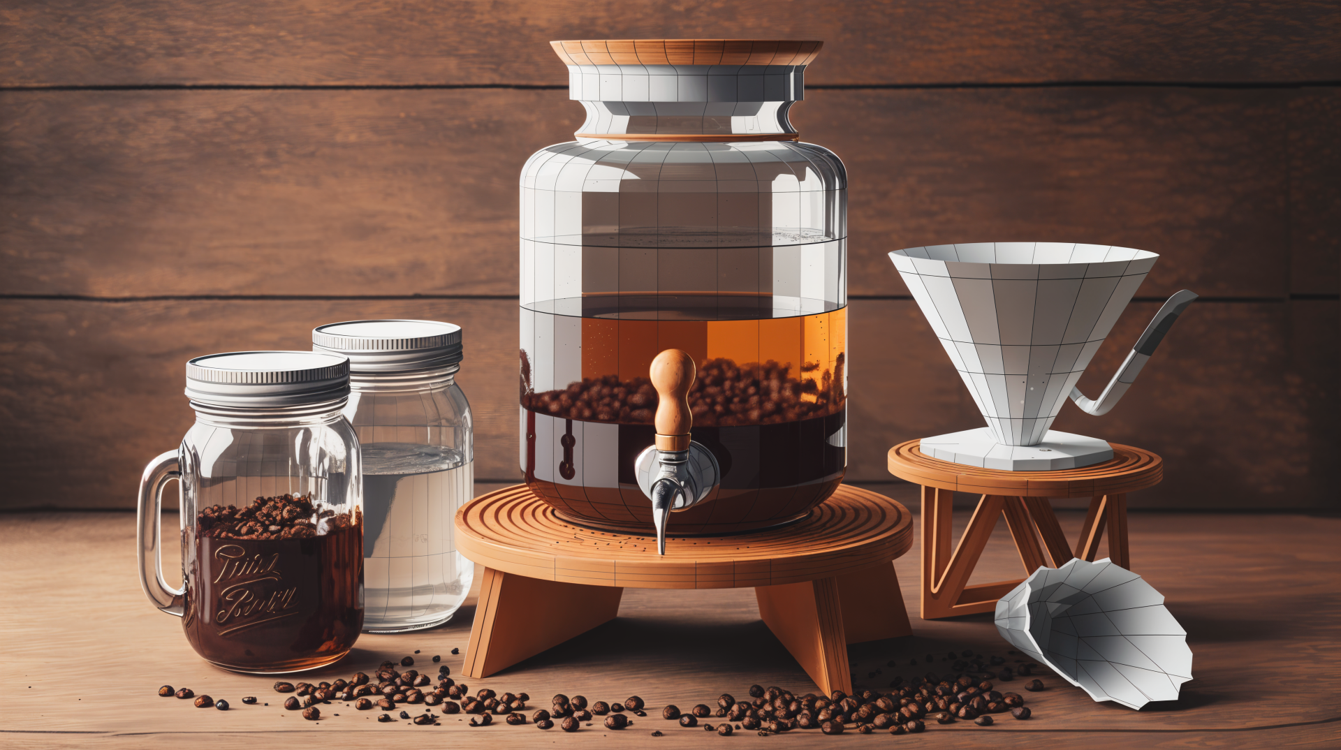 A stylish cold brew setup featuring a large glass jar, mason jars, and a coffee dripper on a wooden surface, showcased in vibrant detail for a 4K Ultra HD desktop wallpaper.