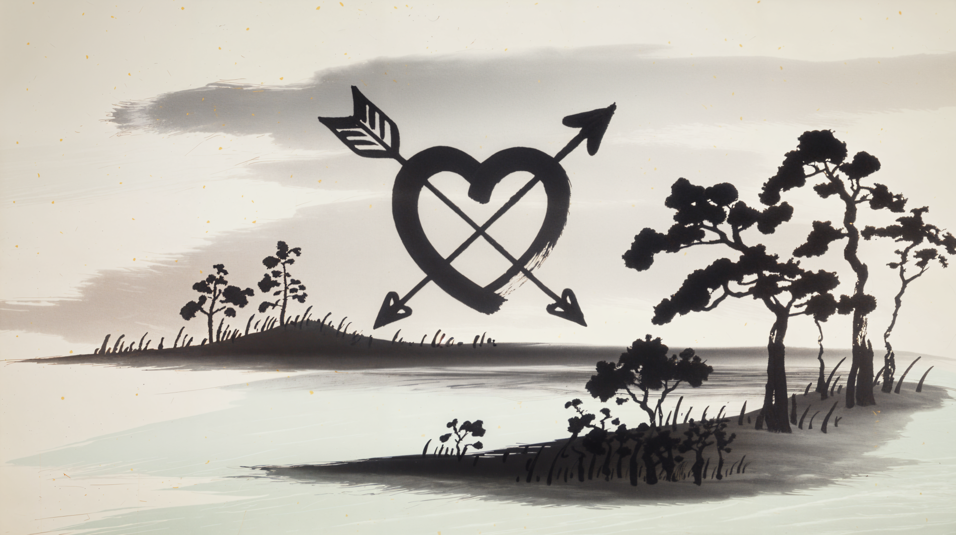 A serene monochrome landscape featuring trees and an artistic heart pierced by arrows, symbolizing hope. This 4K Ultra HD wallpaper adds a thoughtful touch to any desktop.