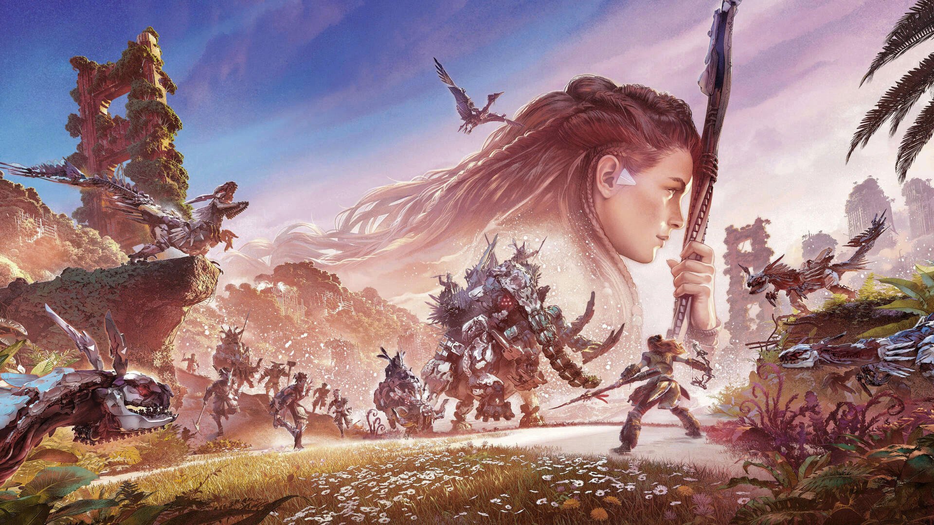 Horizon Forbidden West 4K Ultra HD PC desktop wallpaper: Aloy in profile with spear, machine beasts and flying machines across a colorful, ruined coastal landscape.