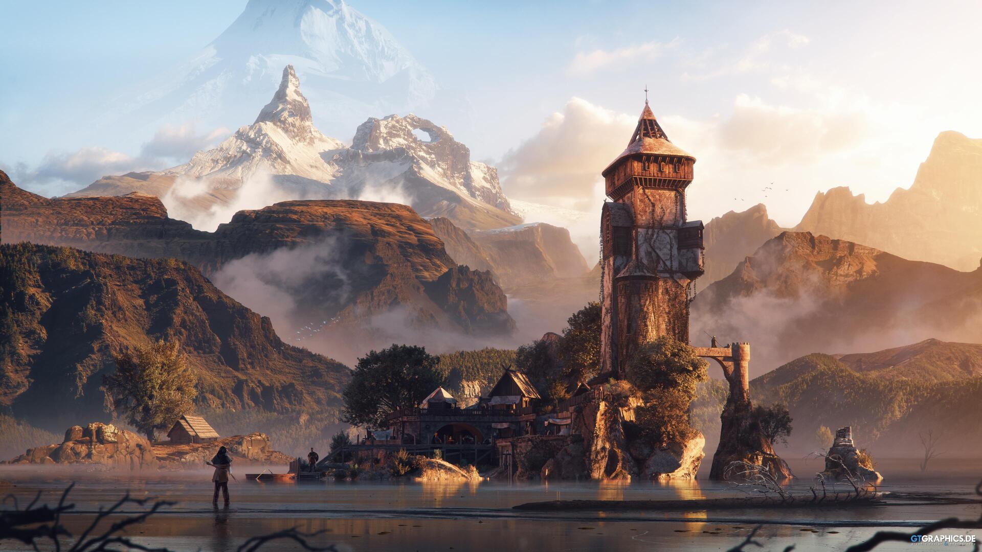 Download Fantasy Landscape Person Building Lake Fantasy Landscape 4k Ultra HD Wallpaper by Tobias Roetsch