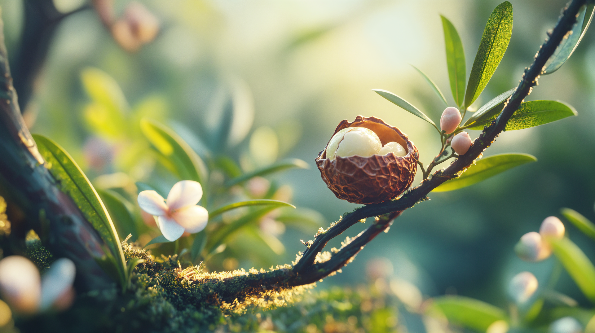 A close-up of a macadamia nut nestled on a branch, surrounded by delicate flowers and lush greenery, captured in vibrant detail for a stunning 4K Ultra HD background.
