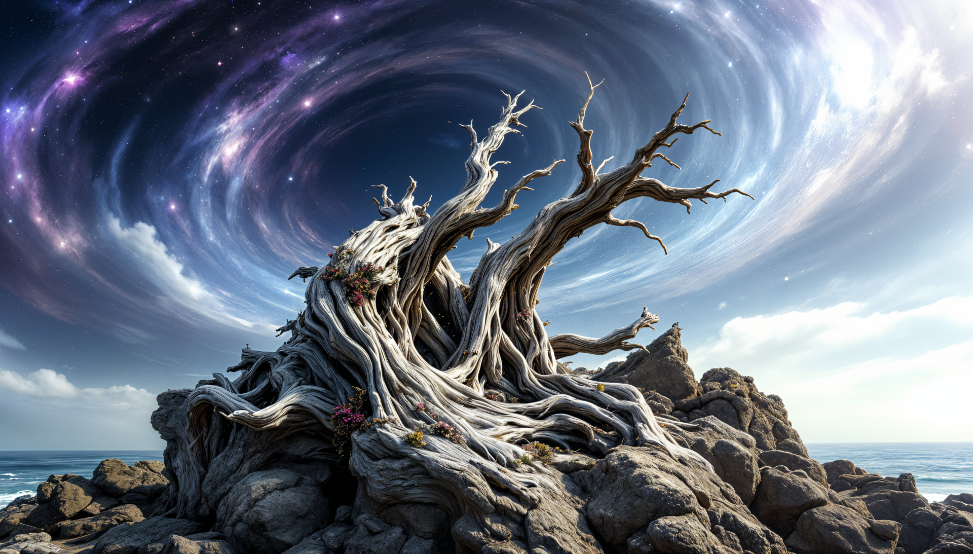 A striking driftwood sculpture atop rocky terrain, surrounded by a swirling cosmic sky, captures a blend of natural beauty and surrealism, showcased as a 4K Ultra HD PC desktop wallpaper.