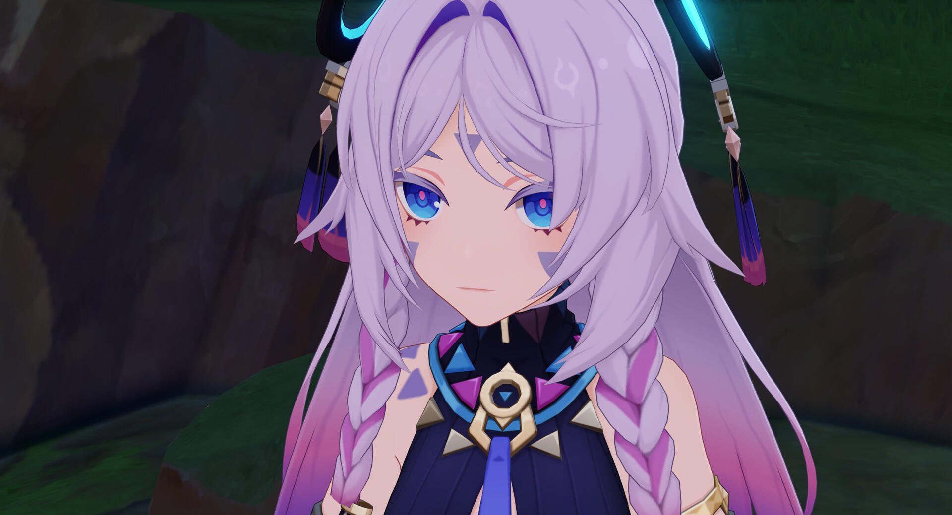 A striking HD wallpaper from Genshin Impact featuring Citlali, showcasing her unique hairstyle and expressive blue eyes against a vibrant background.