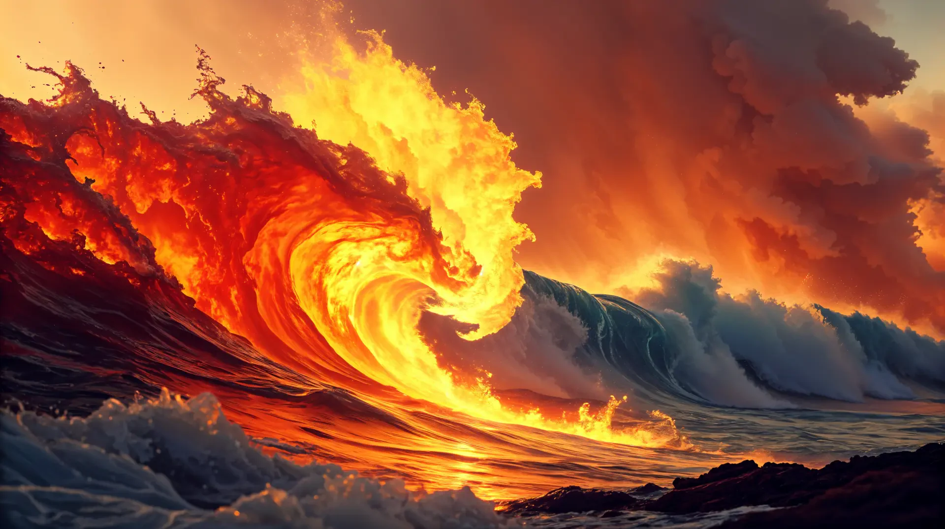 A stunning 4K Ultra HD desktop wallpaper featuring a dramatic scene of fiery waves crashing against the shore, illuminated by a vibrant sunset and swirling clouds.
