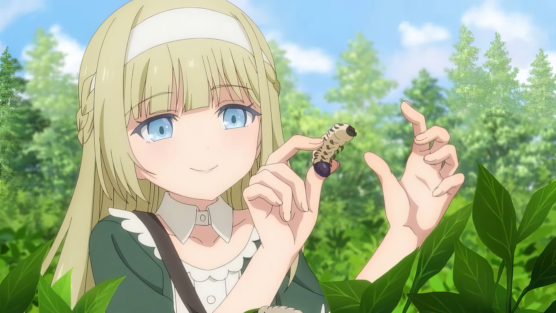 A character from the anime Magic Maker: Isekai Mahou no Tsukurikata holds a caterpillar, surrounded by lush greenery, creating a vibrant and enchanting HD desktop wallpaper.