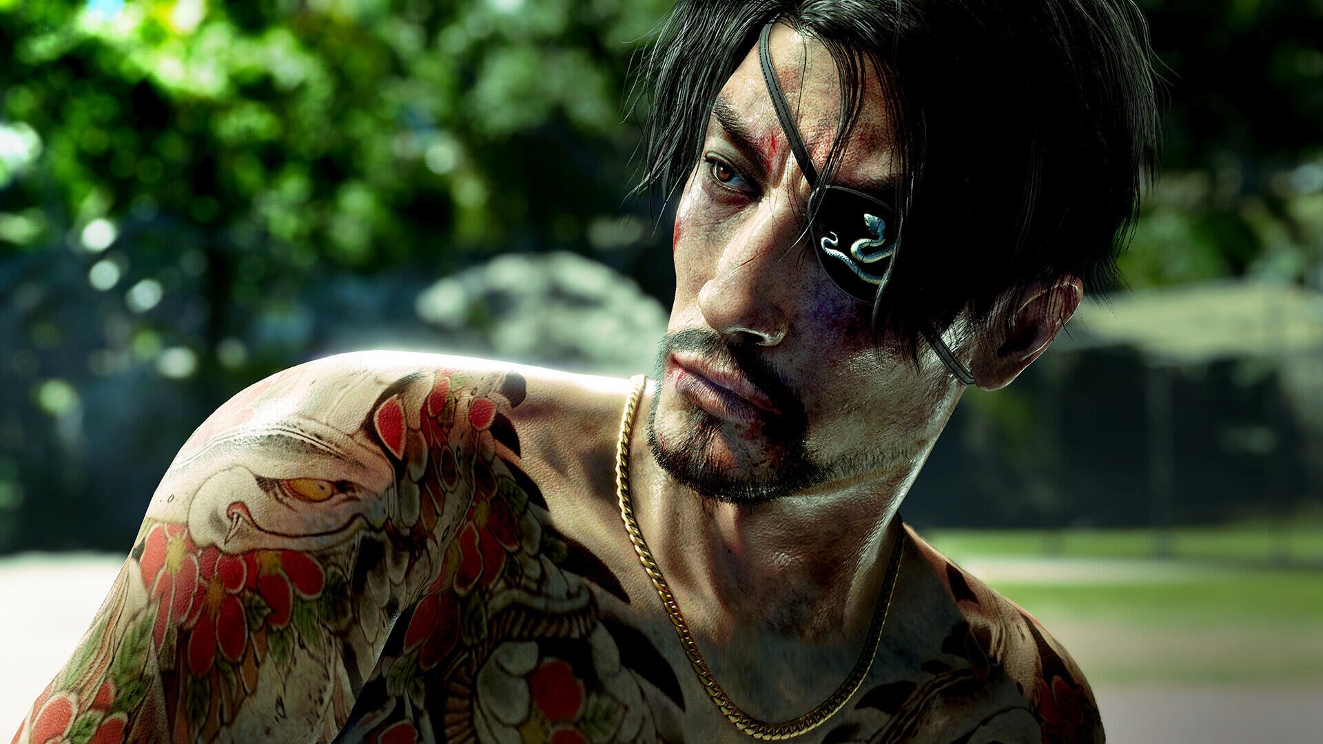 A dynamic HD wallpaper featuring a character from the video game Like a Dragon: Pirate Yakuza, showcasing his intricate tattoos and intense expression against a vibrant Hawaiian backdrop.