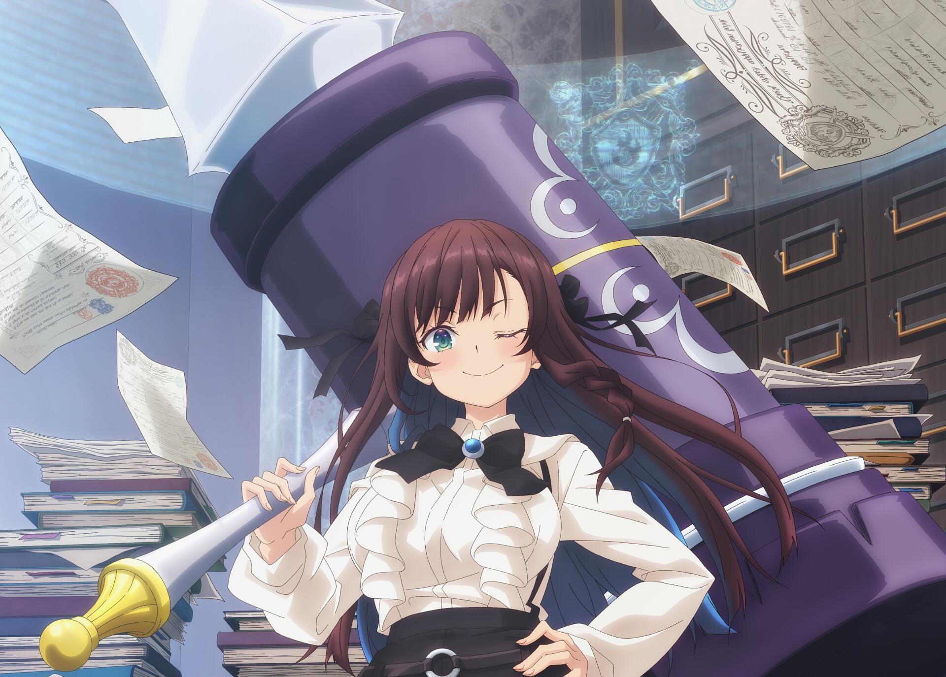 4K Ultra HD anime wallpaper featuring Alina Clover from I May Be a Guild Receptionist But I'll Solo Any Boss to Clock Out on Time, holding a large weapon with scattered papers.