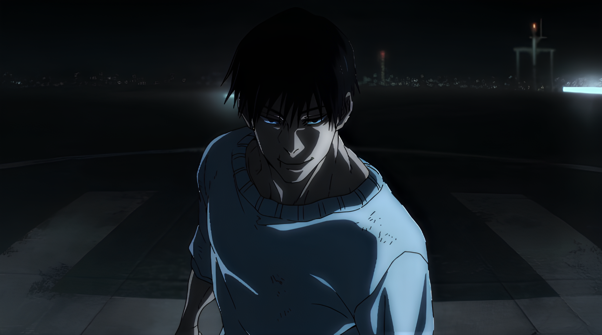 HD anime desktop wallpaper featuring Toji Fushiguro from Jujutsu Kaisen in a dark, moody setting with urban lights in the background.
