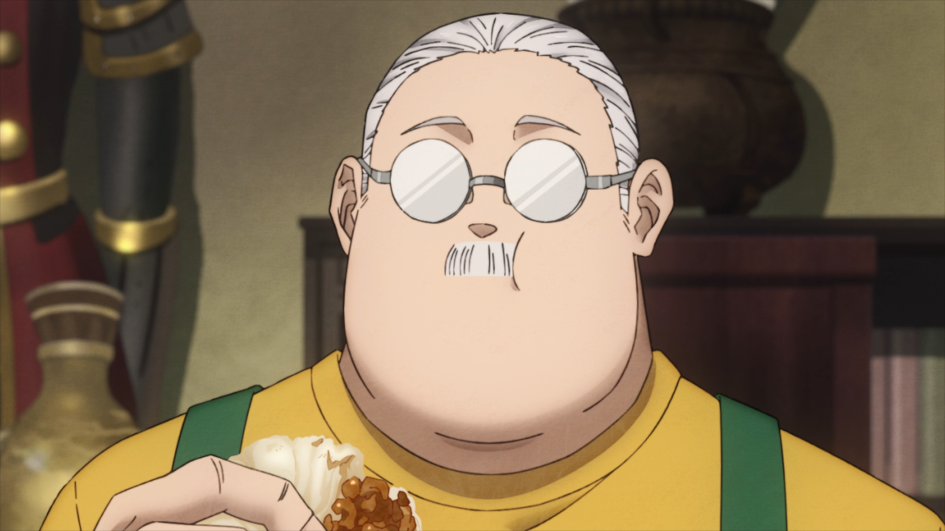 HD anime wallpaper of Taro Sakamoto (Sakamoto Days): round-faced older man with white hair, round glasses and mustache, yellow shirt and green suspenders, eating a sandwich.